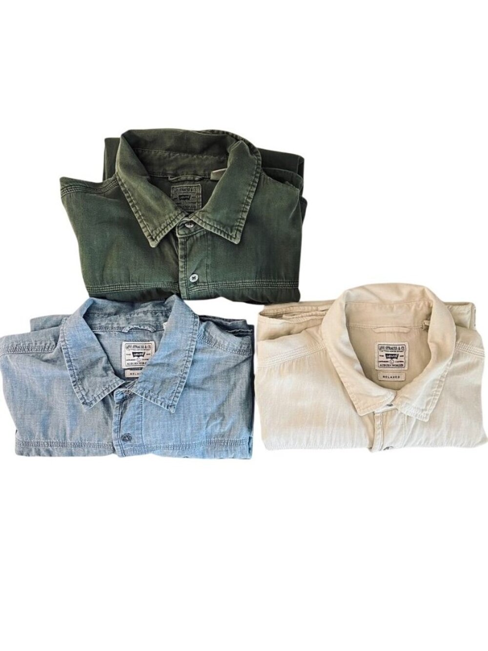 Lot 3 Levis Auburn Worker Mens L Cotton Long Sleeve Work Shirts Green Blue Cream